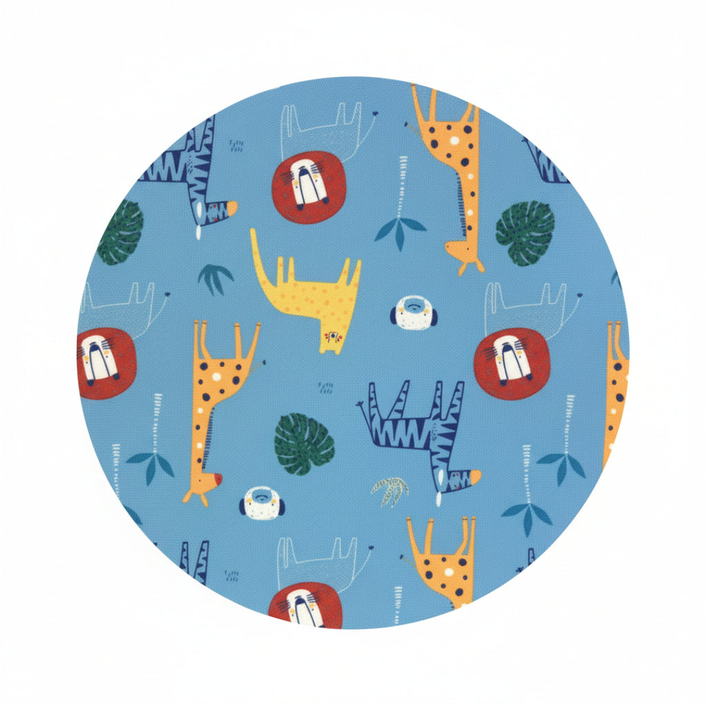 Patterned fabric with cartoon animals and vehicles on a blue background