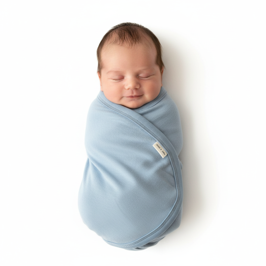 blue swaddle blanket wrapped around newborn baby boy 
