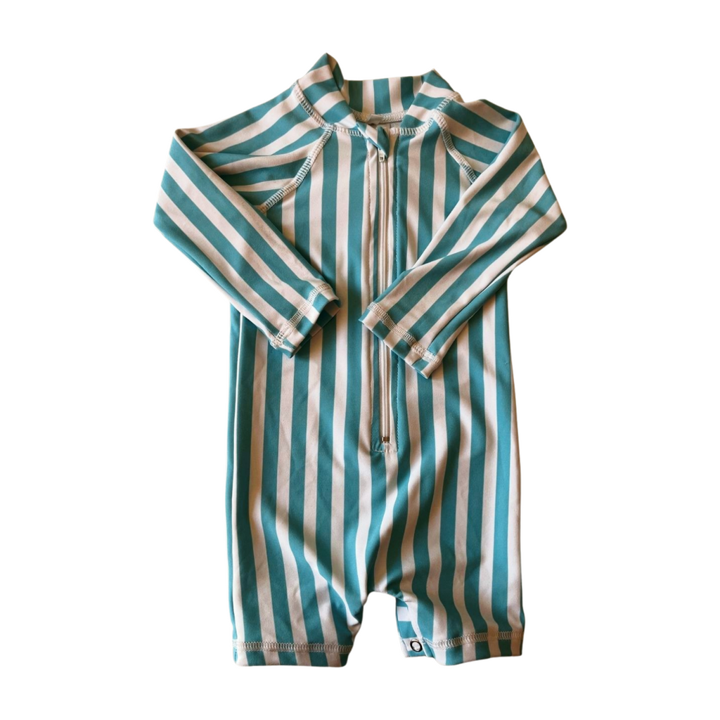 Striped baby uv suit with long sleeves on a white background