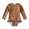 Brown patterned baby swimsuit with long sleeves on a white background