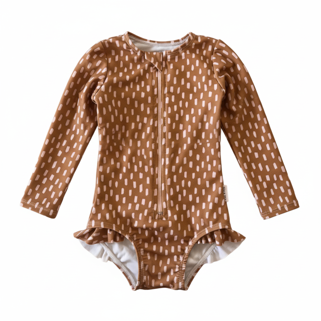 Brown patterned baby swimsuit with long sleeves on a white background