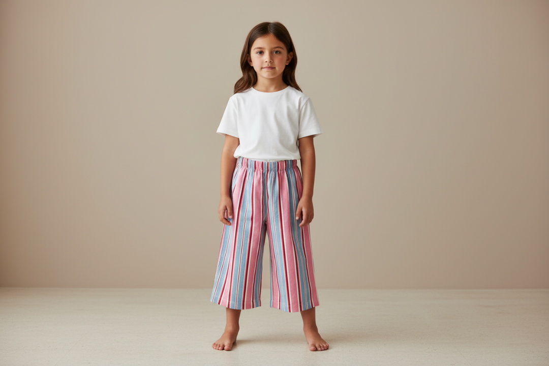 Striped shorts with pink, blue, and red pattern on a white background