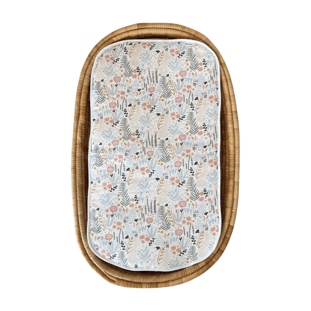 Floral-patterned mat on a wicker basket with a white background