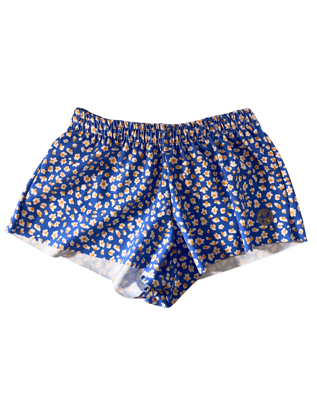 Blue floral-patterned shorts on a white background