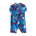 Children's blue swimsuit with sea-themed pattern on a white background