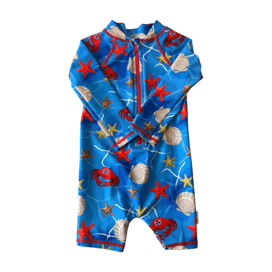 Children's blue swimsuit with sea-themed pattern on a white background
