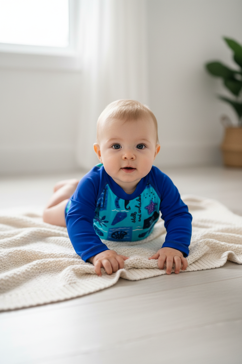 Children's blue and teal long-sleeve shirt with ocean-themed design on a white background