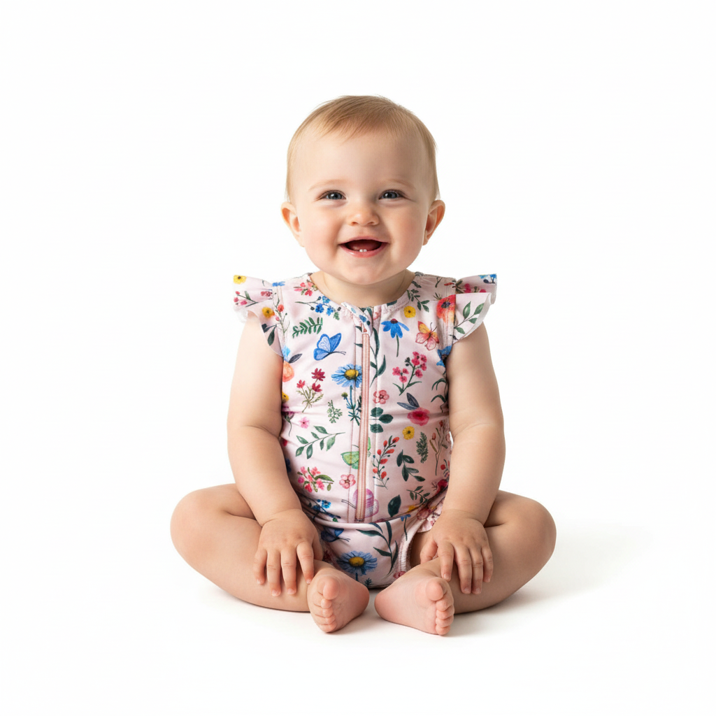 Baby sitting on a white background wearing a floral onesie.