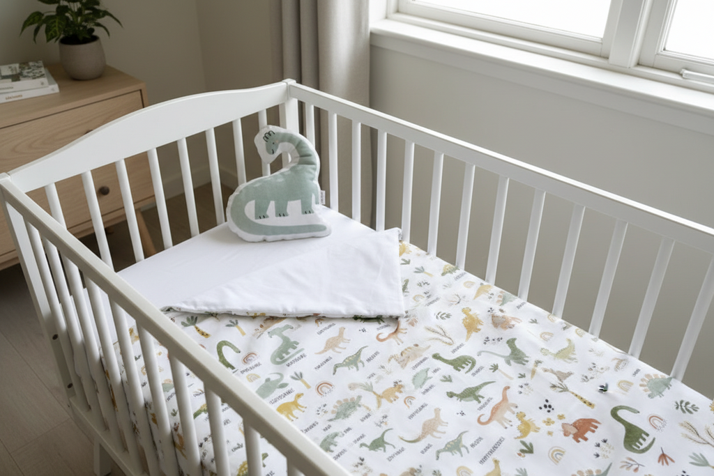 Dinosaur-themed blanket with a soft toy on a white surface