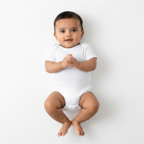 baby in white short sleeve envelope neck onsie on white background