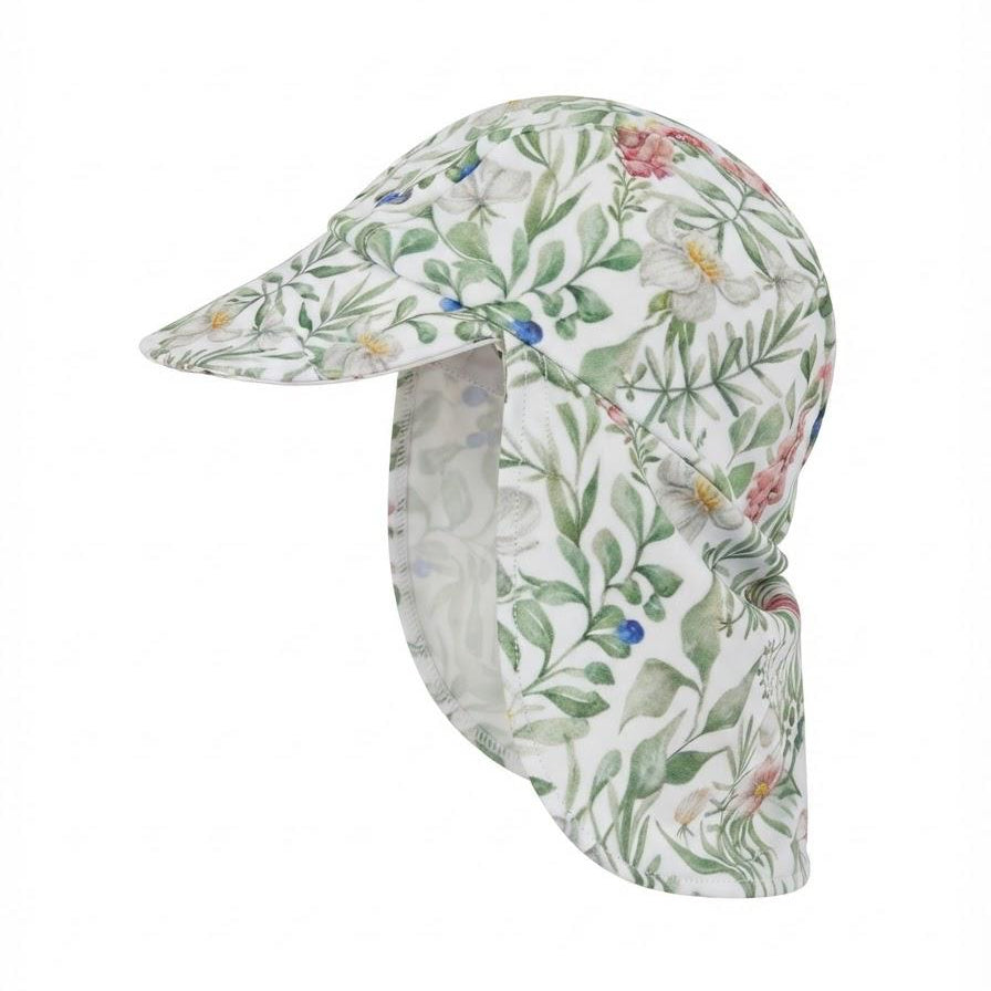 A floral print sun hat with a built-in neck flap, shown on a plain white background.