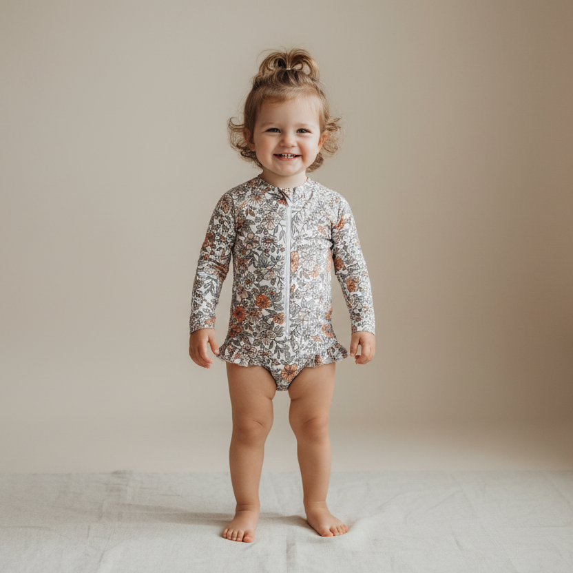 Floral-patterned baby swimsuit on a white background from the Jake and Isla Collection