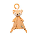 Plush fox toy with a teething ring on a white background