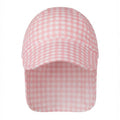A pink and white gingham checkered swim hat plain white background.