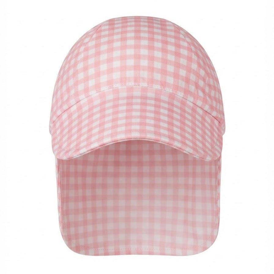 A pink and white gingham checkered swim hat plain white background.