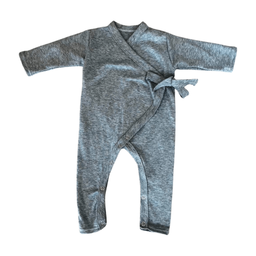 Gray baby wraparound onesie on a white background