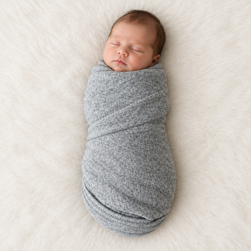 grey swaddle blanket rolled up
