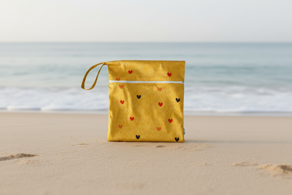 Yellow pouch with heart pattern on a white background