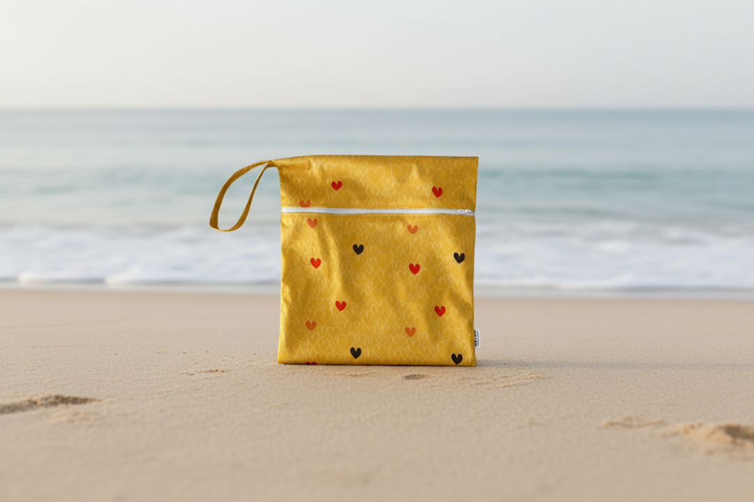 Yellow pouch with heart pattern on a white background
