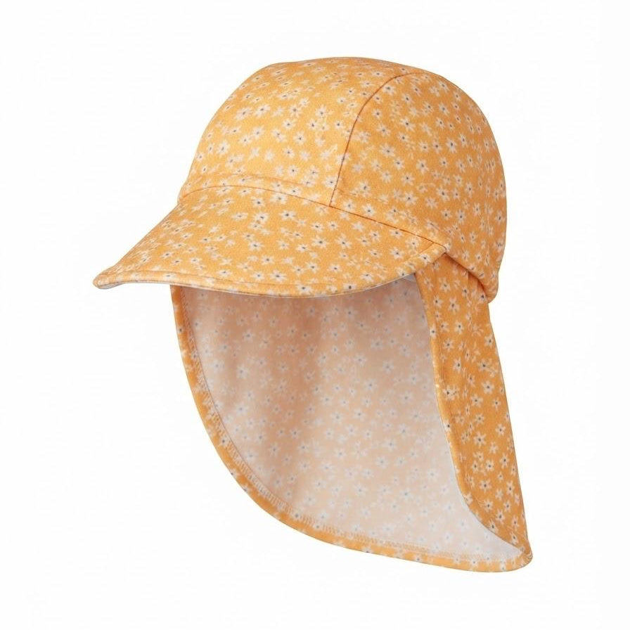 hello sunshine swim hat with small flowers on a yellow background