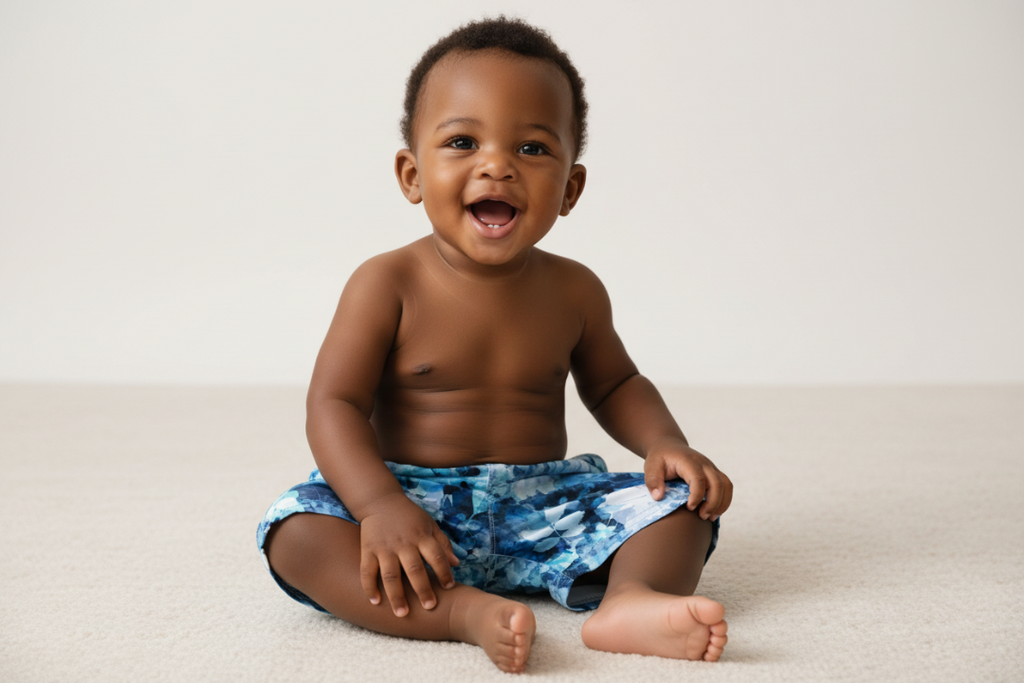 Blue and white floral patterned shorts with built in nappy on a white background