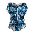 Blue floral patterned baby swimsuit with a zipper on a white background