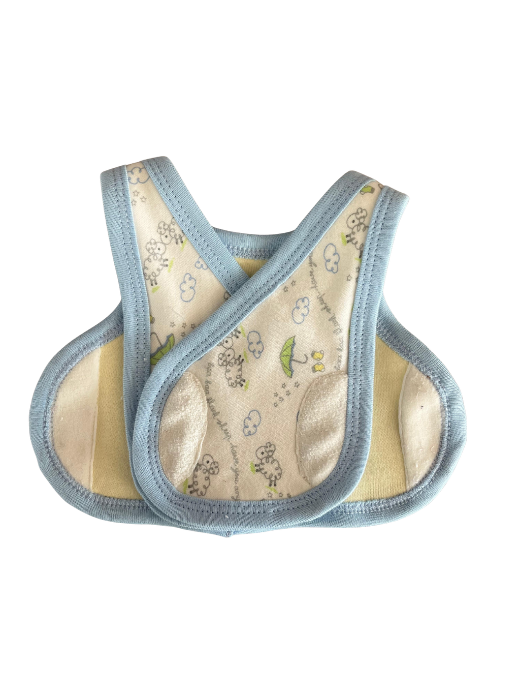 Baby bib with sheep pattern and blue trim on a white background