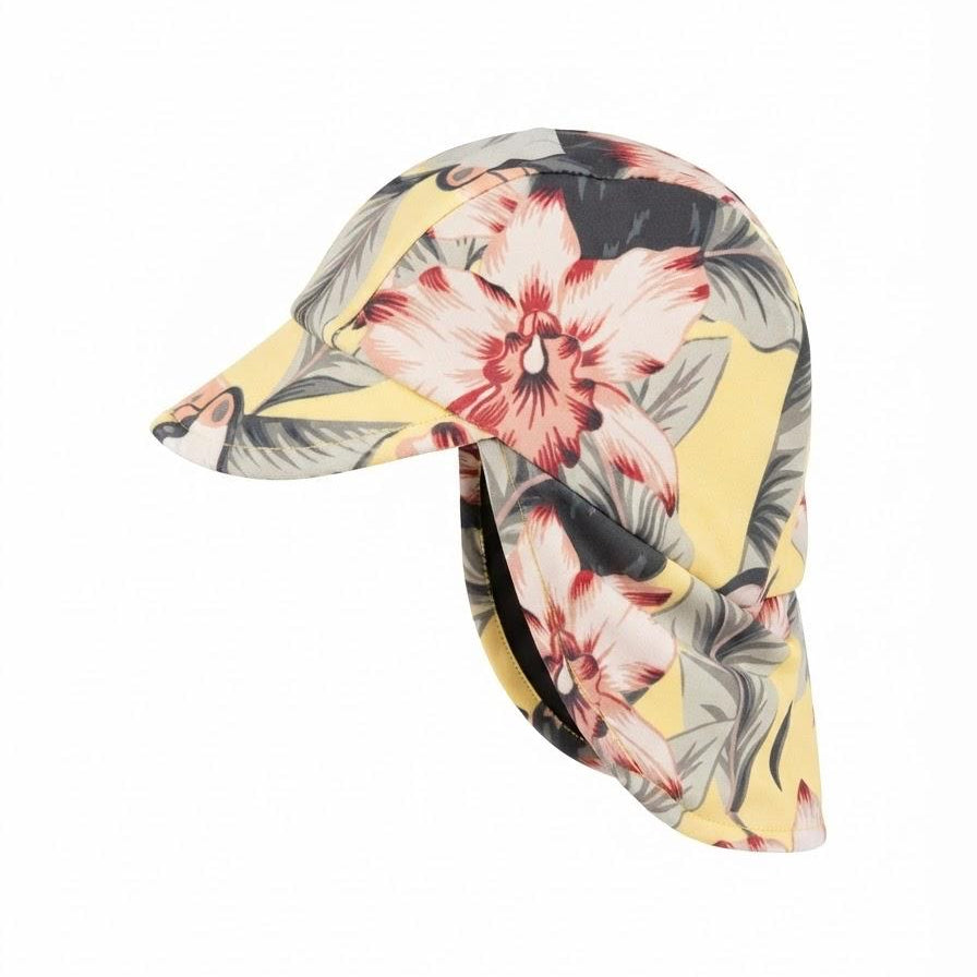 A floral print sun hat with a neck flap, featuring large pink and red flowers with green leaves on a pale yellow background, shown against a plain white background.