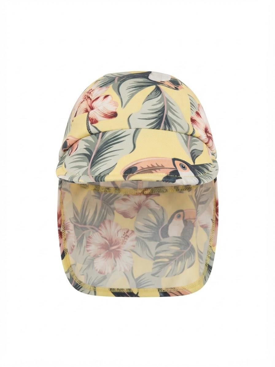 A tropical print swim hat with a matching visor, featuring a yellow base with green leaves, pink hibiscus flowers, and toucan illustrations, shown against a plain white background.