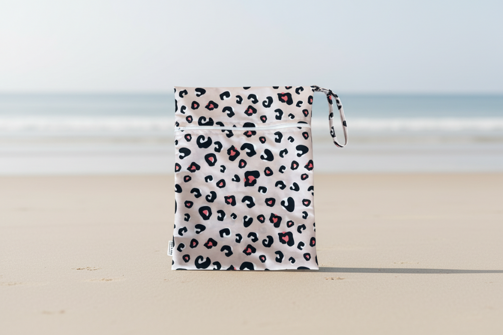 Leopard print bag with pink accents on a white background