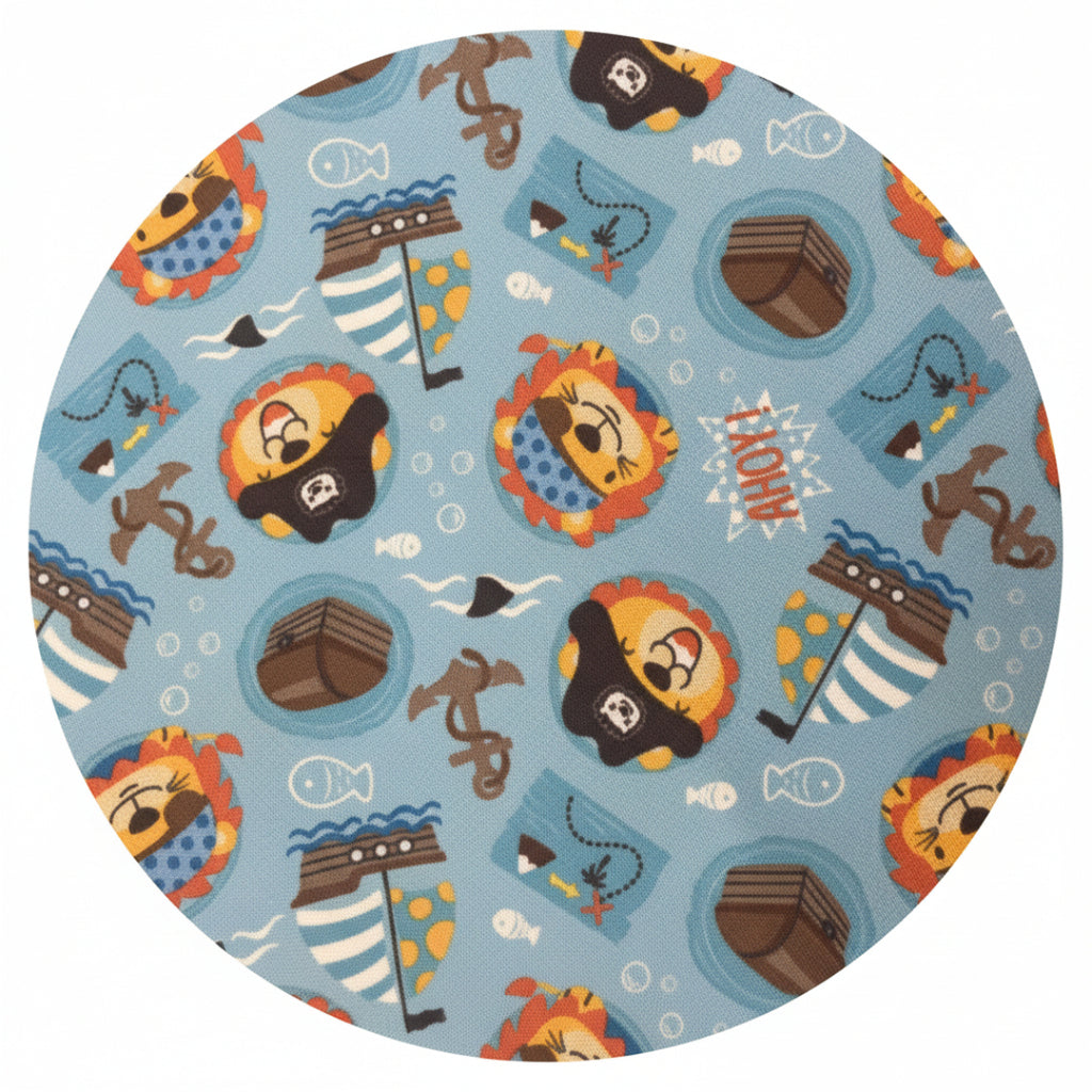 Pattern of cartoonish pirate characters and objects on a blue background