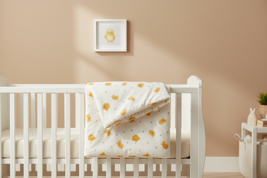 White crib with a white blanket featuring yellow duck patterns in a room with a beige wall and small table.