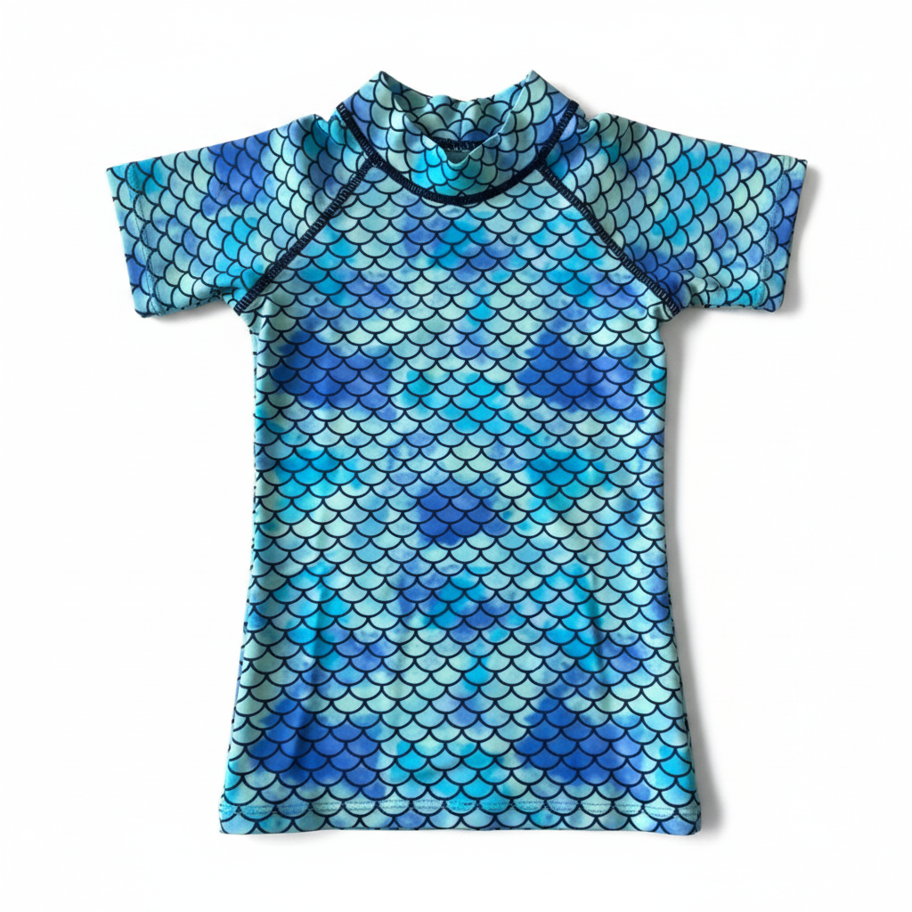Blue and green mermaid scale patterned shirt on a white background