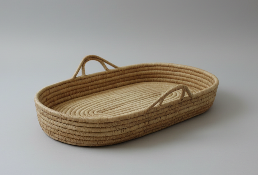 Woven basket with handles on a plain background