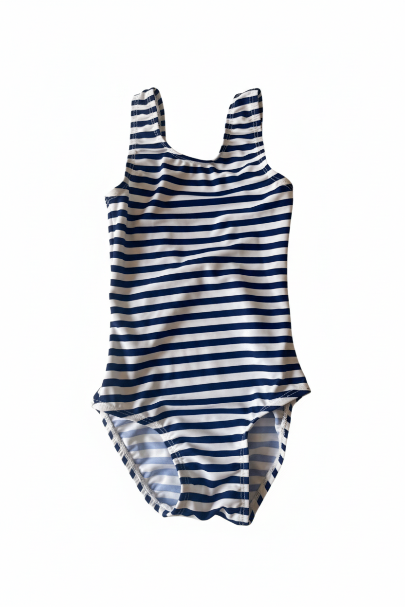 Blue and white striped swimsuit on a white background
