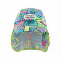 A swim hat with a vibrant multicolor abstract pattern in shades of blue, green, pink, and yellow. It features a white brand label on the front reading 'Jake&Isla Handmade in cape town'.