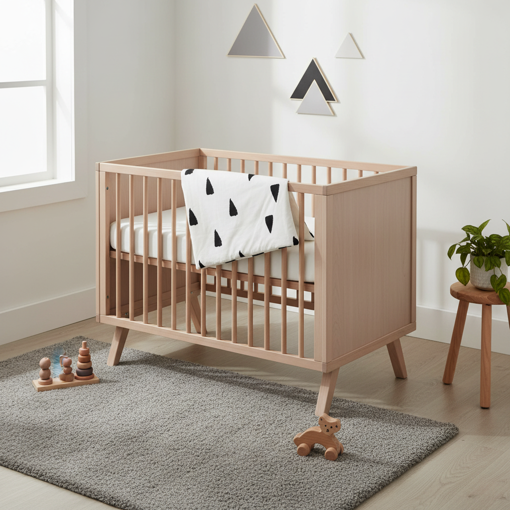 Wooden crib with a white and black patterned blanket in a room with a rug and toys.