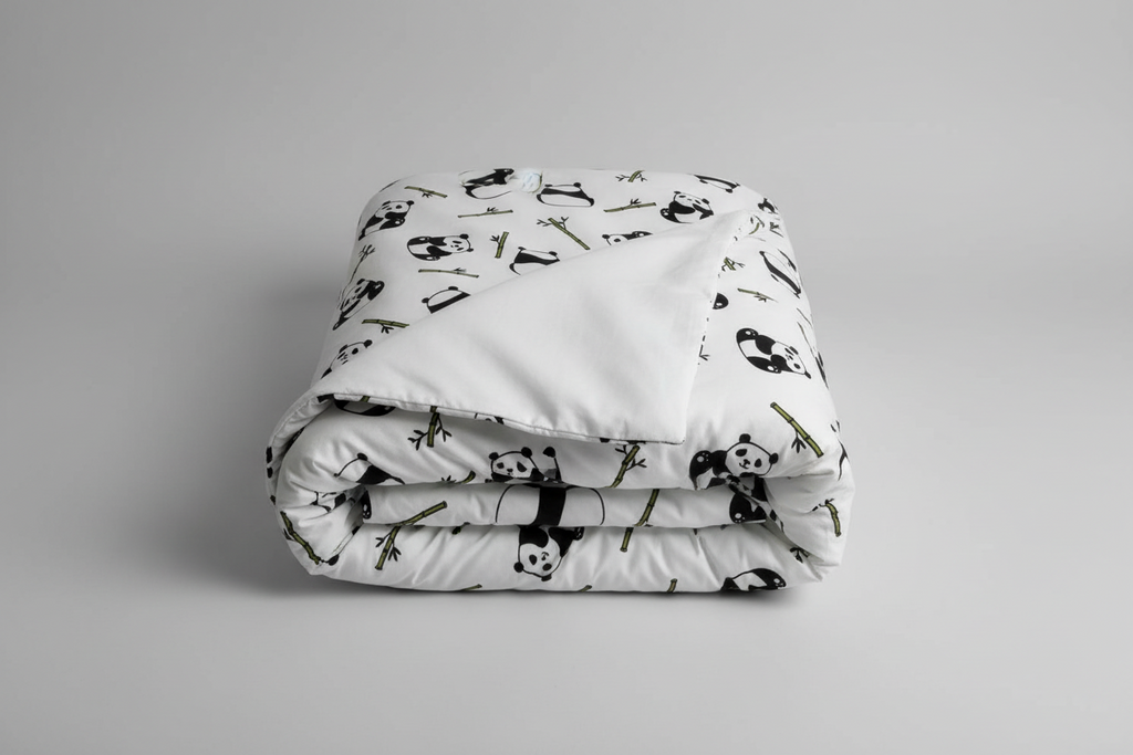 Flannel fabric with panda pattern on a white background