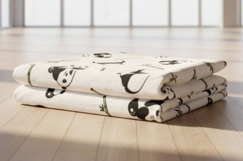 Folded blanket with panda pattern on a white background