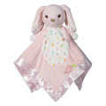 Pink bunny-shaped security blanket with colorful design on a white background