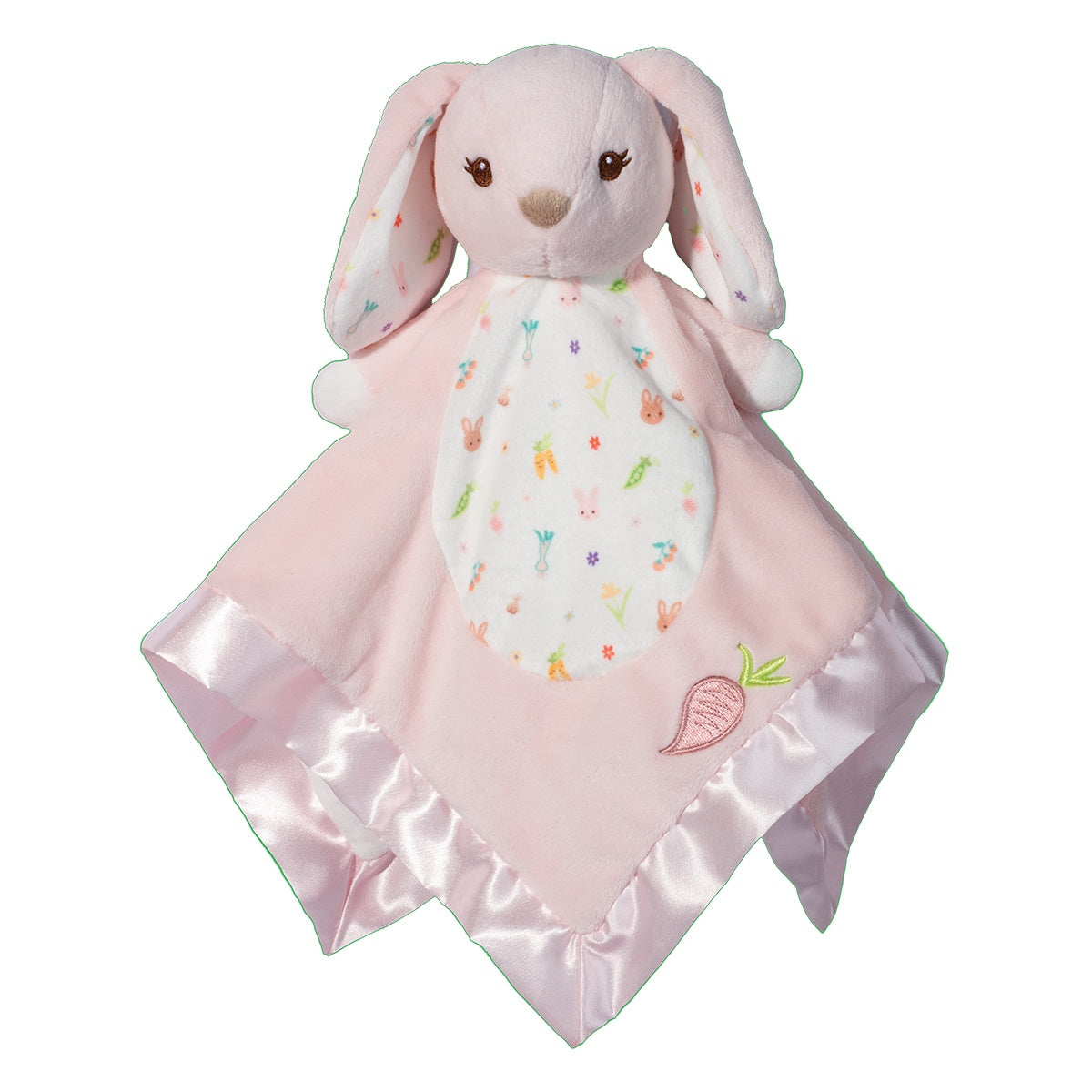 Pink bunny-shaped security blanket with colorful design on a white background