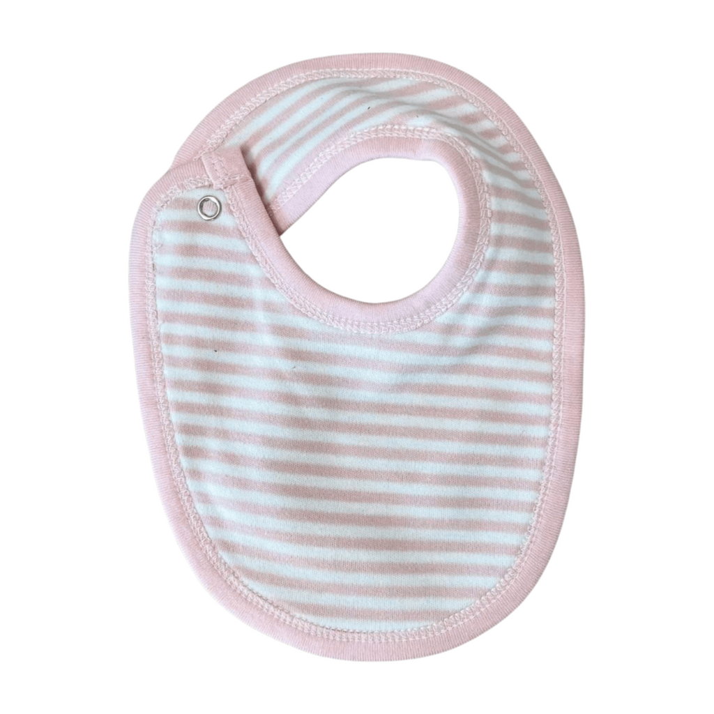 Striped baby bib with pink trim on a white background