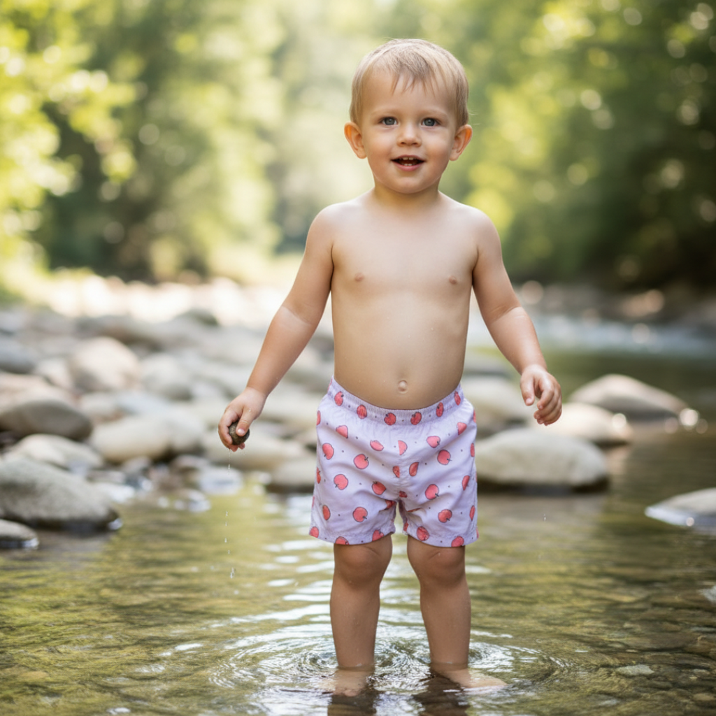 Pink swim shorts with red apple pattern 