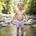 Pink swim shorts with red apple pattern 