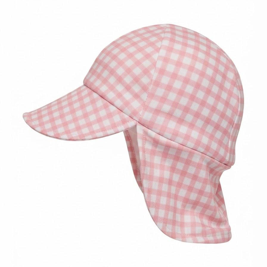 A pink and white gingham check sun hat with an integrated neck flap, shown from a side profile on a white background.