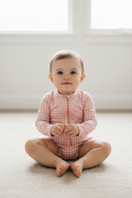 pink and white checkered baby swimsuit with long sleeves on a white background