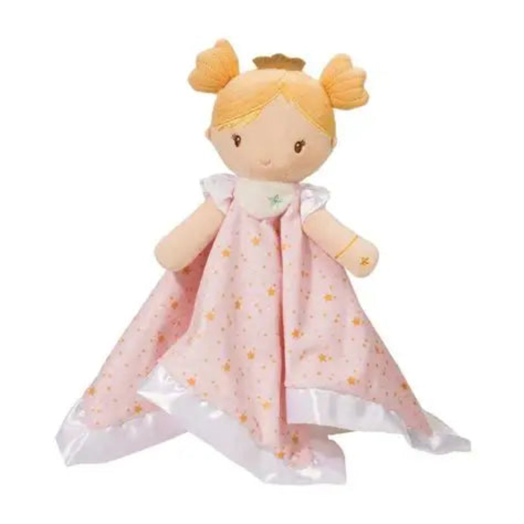 Plush doll with blonde hair and a pink dress on a white background