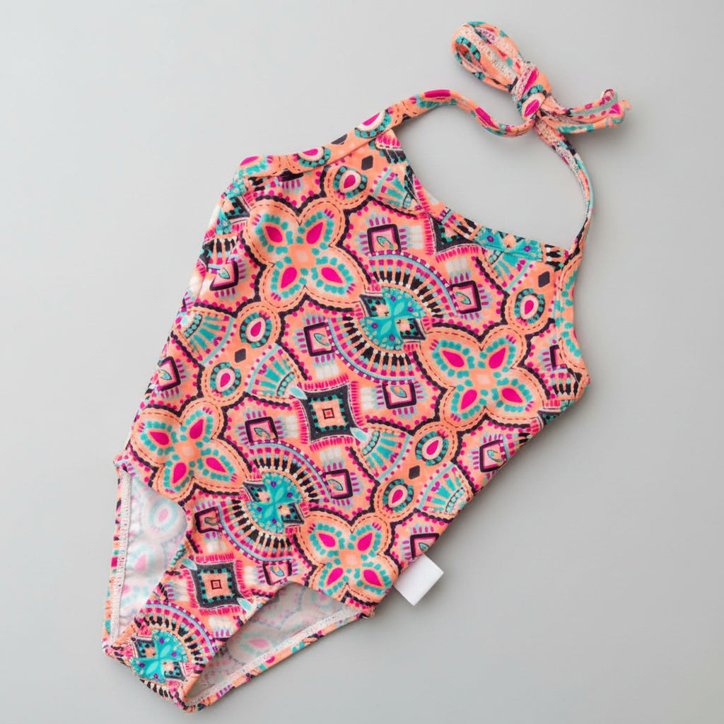 Colorful patterned swimsuit on a green grass background