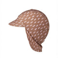 A brown sun hat with a matching neck gaiter, featuring a light pink dotted pattern, shown against a plain white background.
