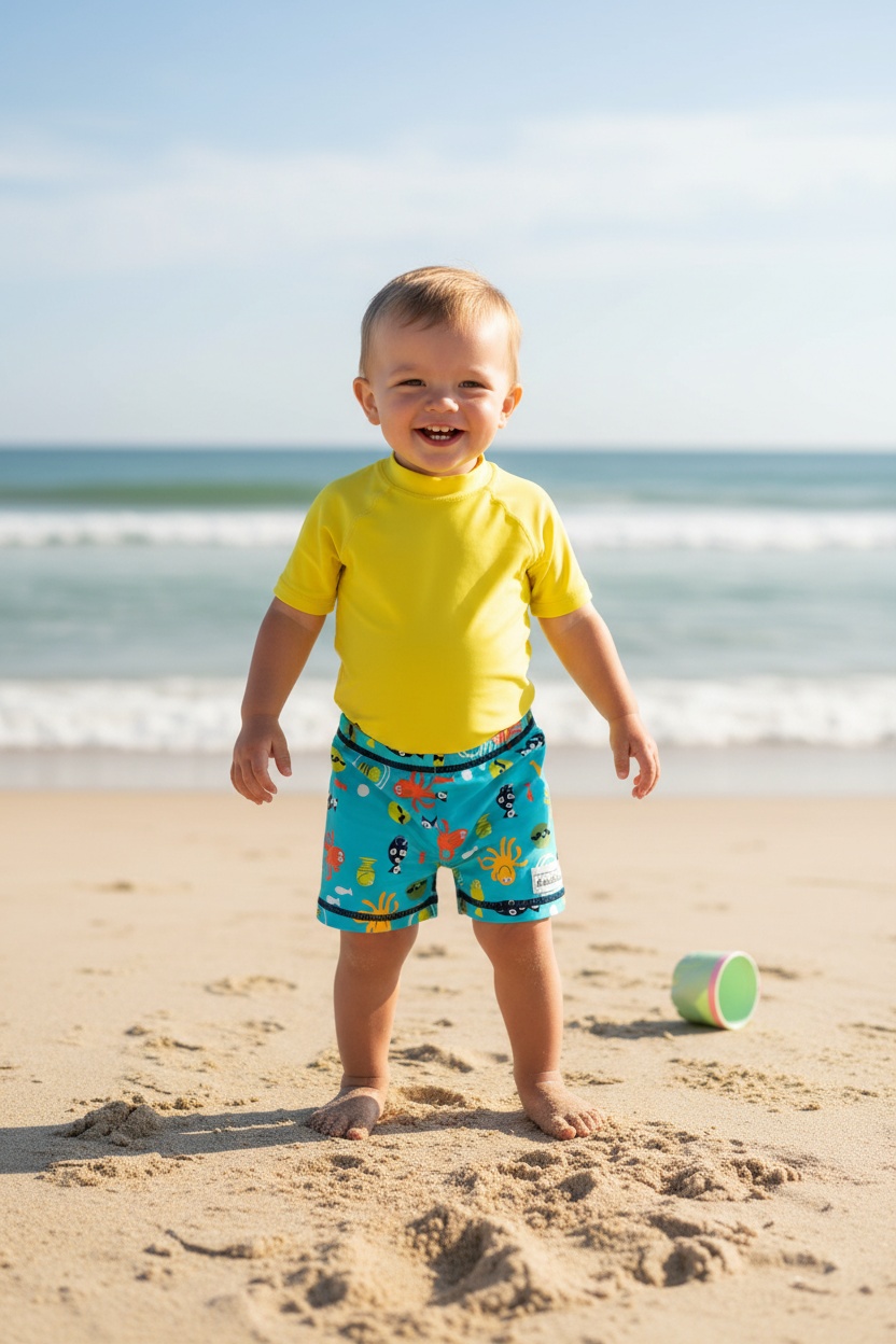 Colorful children's swim shorts with sea creature pattern on a white background Baby swim jammies - Jake and Isla Collection